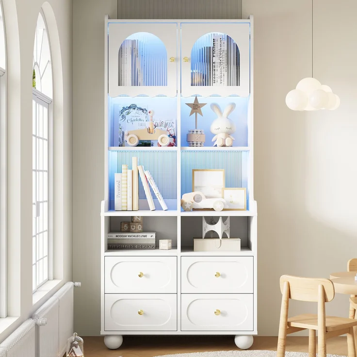 Glasvitrine 80 x 40 x 180 cm mit Rippglastür, LED-Beleuchtung und vier Schubladen – Weiß – Bild 5