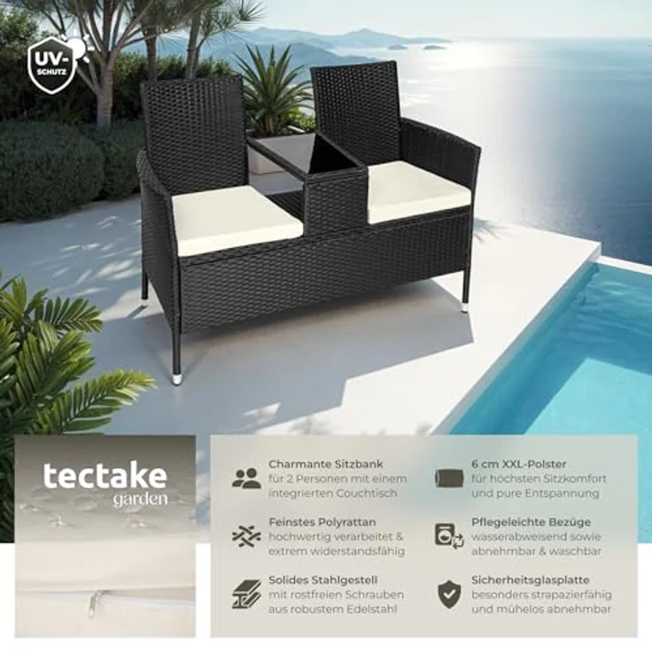 tectake 404557 Poly Rattan Gartenbank mit Tisch, 2-Sitzer Bank, 131 x 61 x 82 cm, Sitzbank für Garten Balkon und Terrasse, Gartensitzbank inkl. Sitzkissen, schwarz-beige – Bild 3