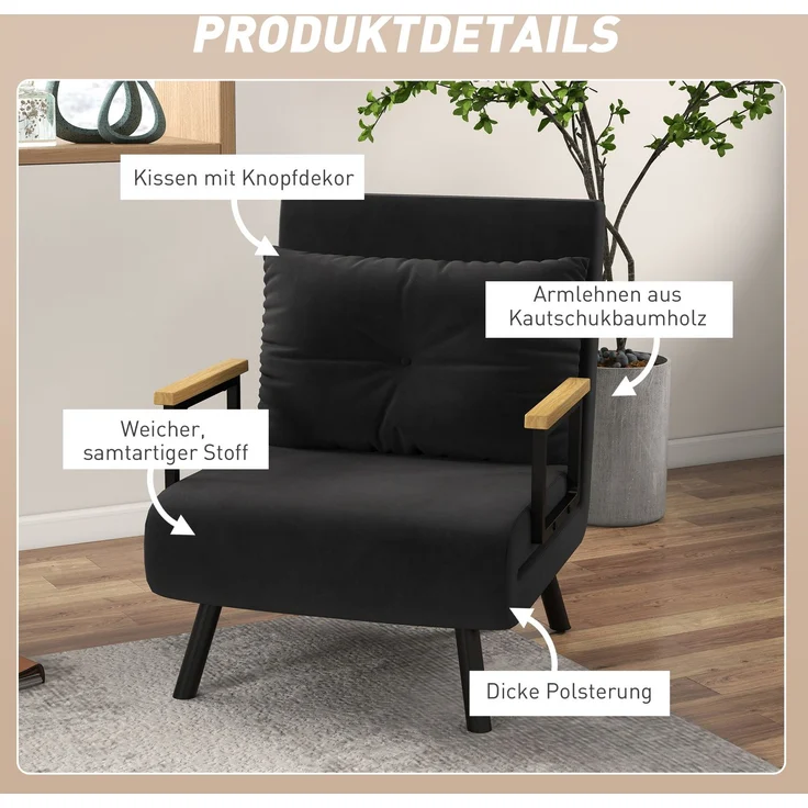 HOMCOM Schlafsessel, Stahl, Polyester, Schwarz, 73L x 63B x 81H cm – Bild 6