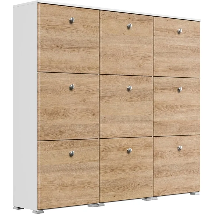 Schuhschrank XL Comfort 9 Klappen 36 Paar 157x141 cm Weiss-Eiche : Weissmatt / Eiche hell