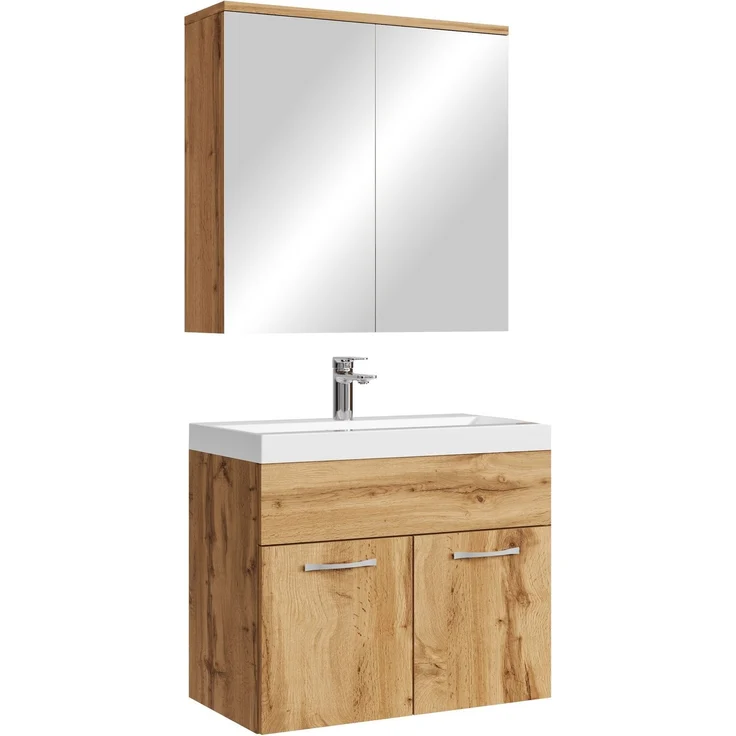 Badplaats Badmöbel Komplettset Montreal 60x35 cm Eiche - Badezimmermöbel mit Waschbecken und Spiegelschrank – Bild 1