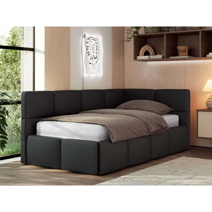 Jugendbett 90x200 ARVO Polsterbett mit Bettkasten, Stauraum & Gasdruckfeder, Modernes Design mit Kopfteil, Foam Matratze - Schwarz Kunstleder - MIRO LUX - Rechts Seite – Bild 1