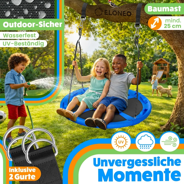 ELONEO Nestschaukel Outdoor & Indoor mit 90 oder 120 cm Durchmesser, Tellerschaukel, höhenverstellbare Hängeschaukel inkl. Kissen, Griffen und Zubehör-Set, Blau - 90cm – Bild 3
