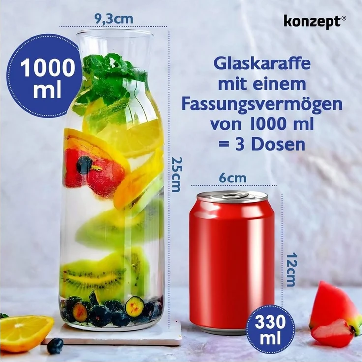 KONZEPT Wasserkaraffe Karaffe Glaskaraffe Transparente 1 Liter, (1-tlg), ideal für Wasser, Saft, Wein, Limonade, Coctails und Milch – Bild 3