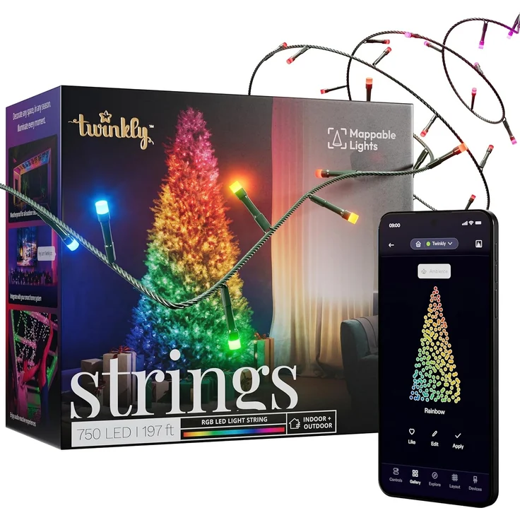 Twinkly Strings 750 RGB-LEDs, LED-Leuchten für den Außen- und Innenbereich, Smarte LED-Lichter, Kompatibel mit Alexa und Google Home, IP44, Weihnachtsdeko, App-Steuerung, Schwarzes Kabel, 60 m – Bild 1