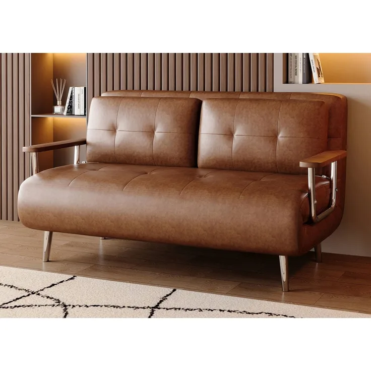 oleyluckidea Schlafsofa 150cm,Lederoptik Sofa ausziehbare Schlafcouch mit Schlaffunktion,braun, Zum Bett umwandelbar, Bettfunktion, Sofabett
