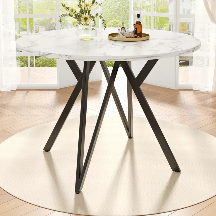 Runder Esstisch (100×100×76cm), Küchen-Esstisch, runder Couchtisch für 4 Personen, geeignet für Esszimmer, Wohnzimmer, stilvolle Tischbeine aus Metall, Tischplatte aus MDF-Marmor, schwarz