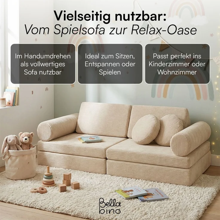 Bellabino 'Nile' Spielsofa mit Kissen und Armlehnen, 8-tlg, Cord, beige, faltbare Kindercouch, abnehmbarer & waschbarer Bezug, Kindersofa aus Schaumstoff – Bild 7