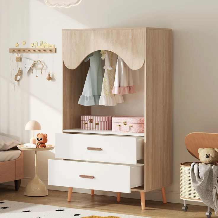 Offener Kinderkleiderschrank, HDF+Massivholzgriffe, Weiß-Natur Optik 80x46x141,5cm für Kinderzimmer Schlafzimmer – Bild 3