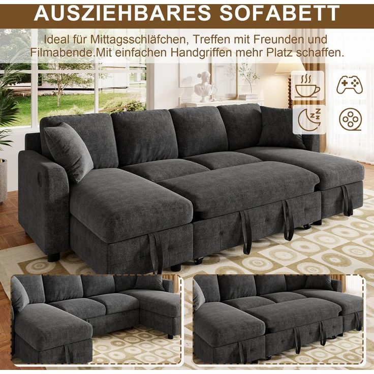 ZUBALIYA Schlafsofa 61x107 cm, mit USB - Anschluss, mit Stauraum, mit Ausziehbett, mit Chenille - Bezug, mit breiten Armlehnen, Grau – Bild 20