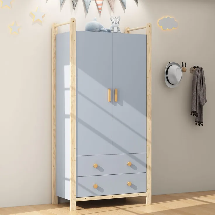 2-türiger Kleiderschrank, Kleiderschrank mit Kleiderstange, 2 Schubladen, für Schlafzimmer, Wohnzimmer, Flurgarderobe geeignet, aus Spanplatte, blauer Körper + Kieferrahmen, 90×45×180cm