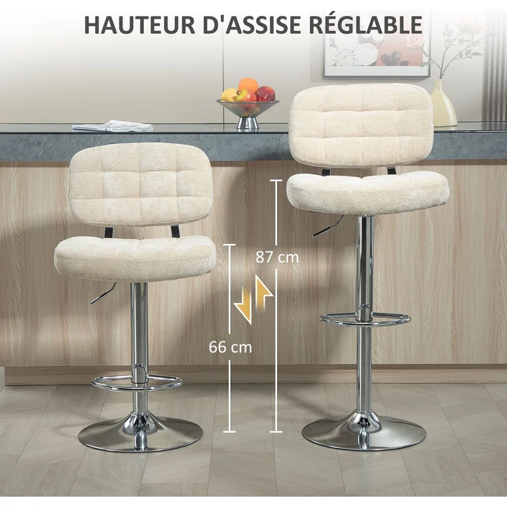 2er-Set Barhocker mit Rückenlehne, höhenverstellbar und Fußstütze, Stahlgestell, Belastbarkeit 120 kg, beige – Bild 7