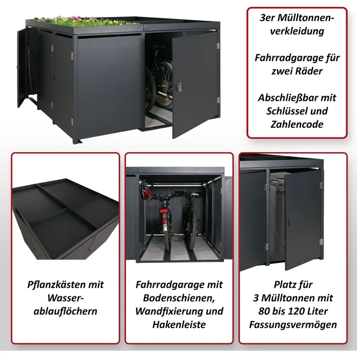 Mendler 3er-Mülltonnenverkleidung / 2er-Fahrradgarage mit Pflanzkasten HWC-N79, abschließbar, Metall anthrazit, 130x193x208 cm – Bild 2