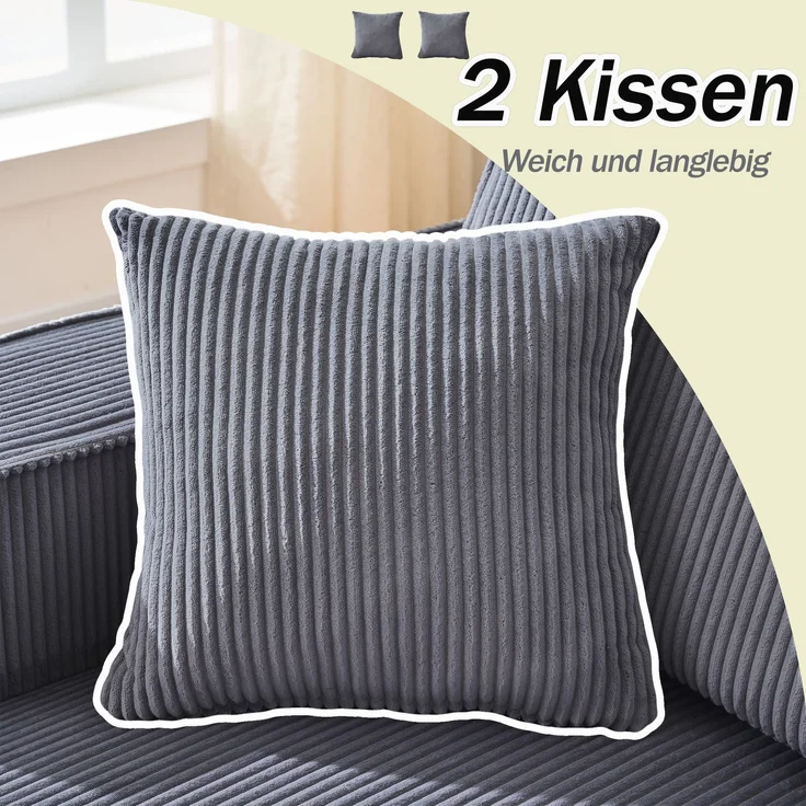 LVHOM L-Form Ecksofa mit Chaiselongue, 3-Sitzer Sofa mit 2 Kissen, Cloud Sofa aus Cordstoff, kein Aufbau erforderlich, Skandinavisches Design, Grau – Bild 5