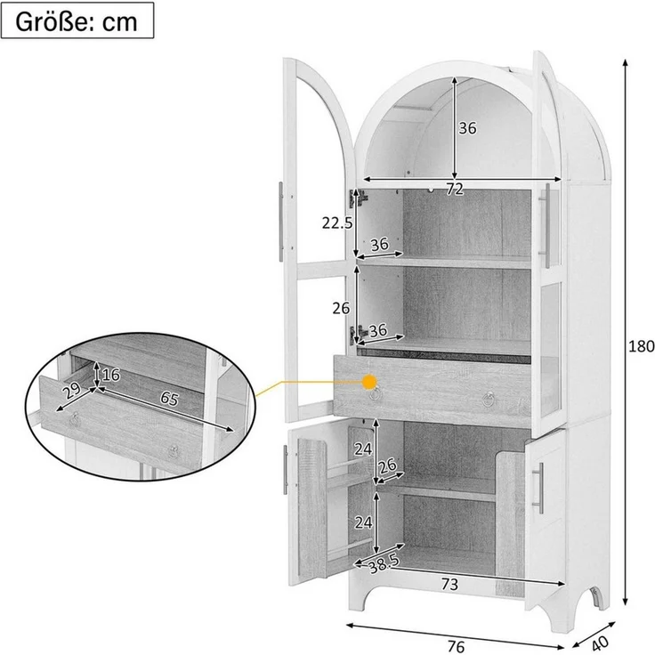 Odikalo Vitrine Hochschrank mit Glastüren verstellbaren Regalböden Schublade (Highboard mit verstellbaren Regalböden und Schublade, Küchenschrank mit Riffelglas und großem Stauraum, Ideal für Esszimmer, Wohnzimmer und Küche Weiß/Schwarz) 76 × 40 × 180 cm – Bild 3