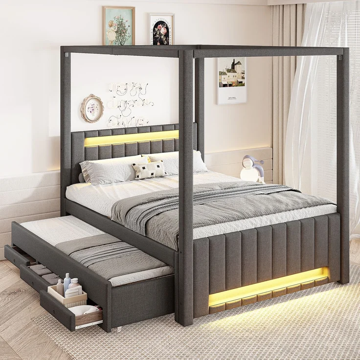 140x200 cm großes Polster-Himmelbett mit Ausziehbett und drei Schubladen, LED-Beleuchtung, Grau – Bild 4