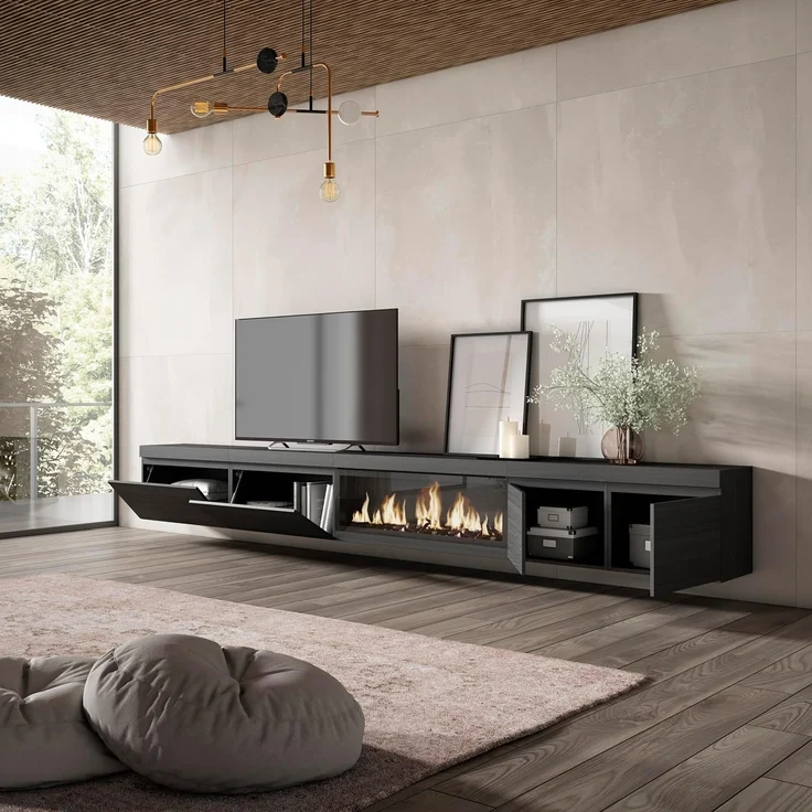 Skraut Home | TV-Schrank, Lowboard | für Wohnzimmer und Esszimmer | 368 x 45 x 35 | Elektrokamin XXL | Hängend | Moderner Stil | Schwarz – Bild 4