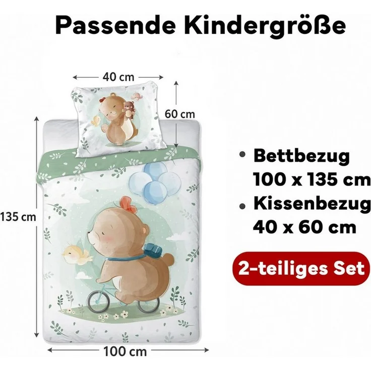 texpot Bettwäsche Kinderbettwäsche Teddybär mit Fahrrad bedruckt Garnitur, Baumwolle, 2 teilig – Bild 4