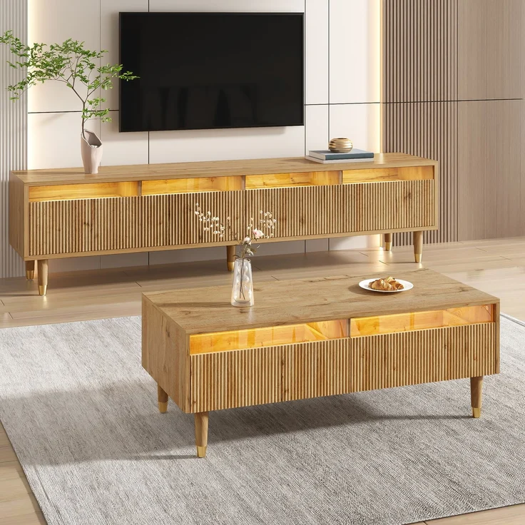 Modernes LED-Möbelset: TV-Schrank mit 4 Türen & Couchtisch mit 2 Schubladen – Holzfarben-Gold Design, LED-Beleuchtung, Wellenstruktur & Acrylfront für stilvolles Wohnen--Holz--119x57.78x12.7cm--YOUDENOVA – Bild 7