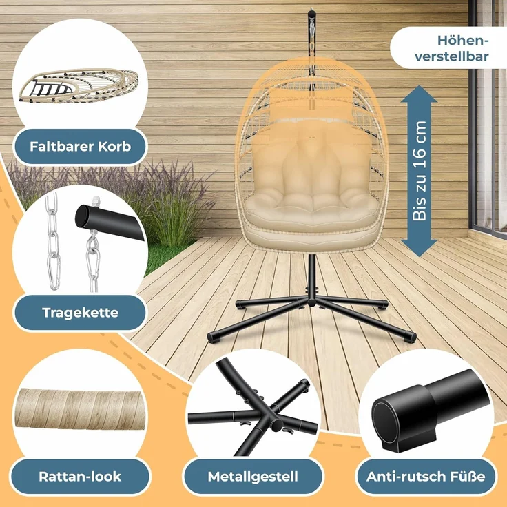 KESSER® Hängesessel Jungle mit Gestell Stahl Hängekorb Sessel Inkl. Großen Kissen + Decken Halterung - Hängeschaukel Hängesitz Indoor - Outdoor Schaukel Hängestuhl für Kinder und Erwachsene Beige – Bild 2