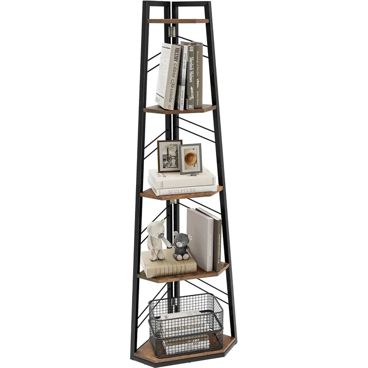 DWVO Eckregal 5 Ebenen, Eckbuchhandel mit Metallrahmen, Industrial Ladder -Bücherregal, Bodenständiges Displayregal, Hoher Speicherregal, für Wohnzimmer, Küche, Schlafzimmer, Vintagebraun Standregal
