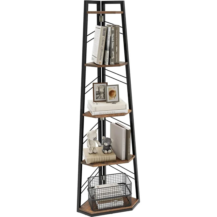 DWVO Eckregal 5 Ebenen, Eckbuchhandel mit Metallrahmen, Industrial Ladder -Bücherregal, Bodenständiges Displayregal, Hoher Speicherregal, für Wohnzimmer, Küche, Schlafzimmer, Vintagebraun Standregal