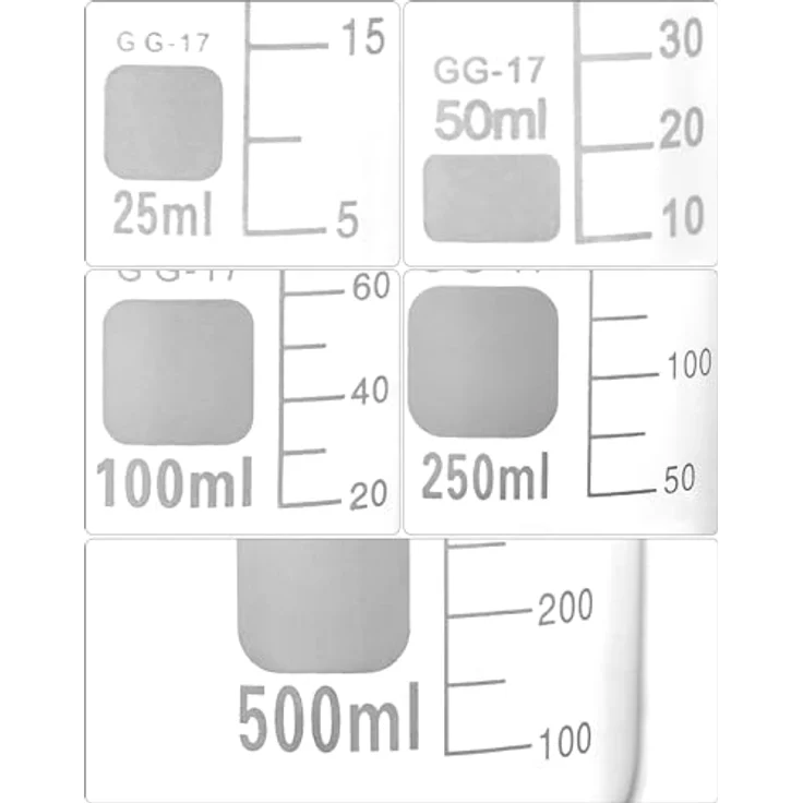 QWORK® Glas Becherglas 25ml 50ml 100ml 250ml 500ml, 5er Set Abgestufter Messbecher für Labor Küche – Bild 4