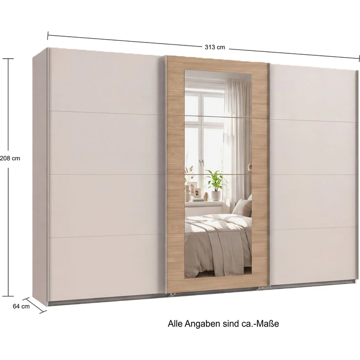 Schwebetürenschrank 3-trg. Kleiderschrank 313 cm Beige Grau, Eiche Natur Spiegel – Bild 8