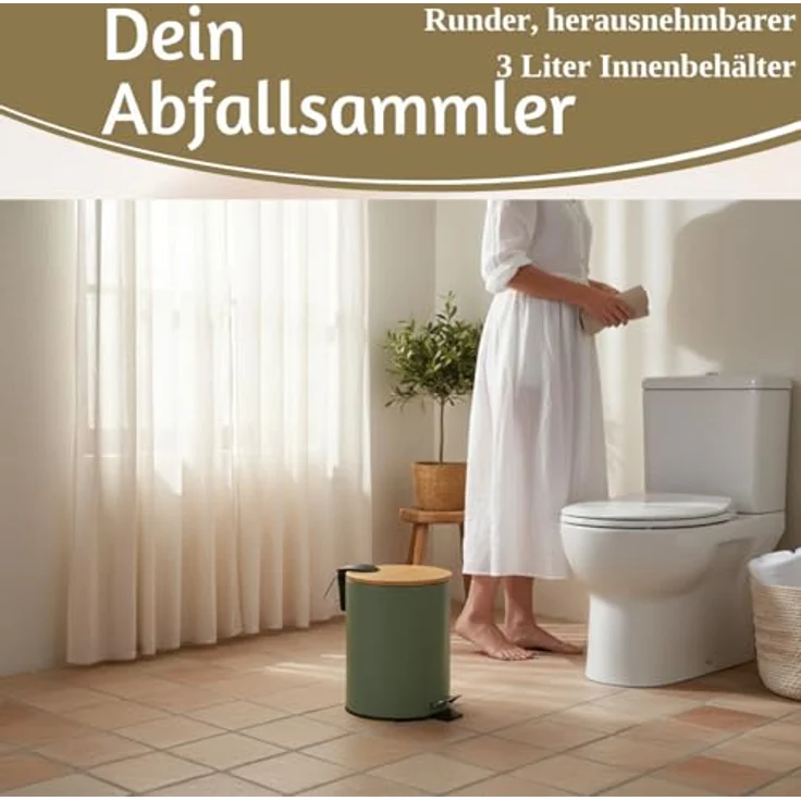 LS-LebenStil Tretmülleimer 3L, Rund in Matt Grün mit Softclose Holz Deckel, Fußpedal Kosmetikeimer für Bad und Küche – Bild 4