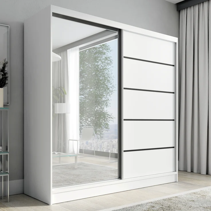 A&J MöbelLand Schwebetürenschrank NERO 2 200 cm mit Spiegel drei Schubladen – Bild 1