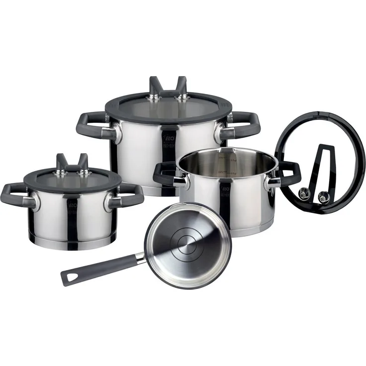 Elo Premium Topf-Set Rondello, Edelstahl 18/10, Edelstahl 18/8 (Set, 7-tlg, je 1 Fleischtopf Ø 16/20/24 cm, 1x Stieltopf Ø 16 cm), mit integriertem Öl-Dosiersystem, Induktion
