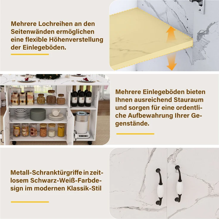 Flieks Mobile Kücheninsel 110x70x80 cm, klappbarer Küchentisch mit Rollen, Ablageböden & Stauraum, Esstisch und Sideboard, Weißes Marmormuster – Bild 7