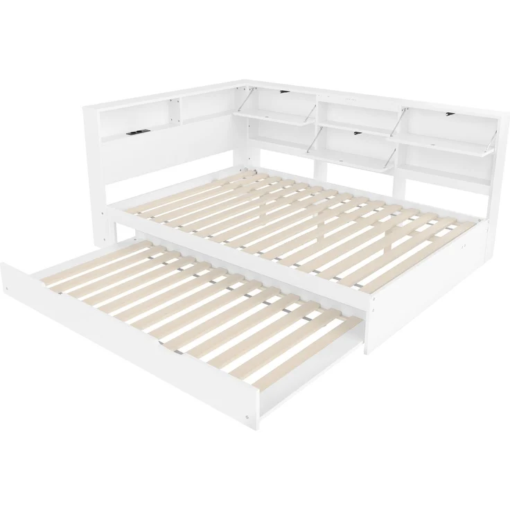 ZUBALIYA Tagesbett 140x200 cm, mit Ausziehfunktion für zusätzliche Liegefläche, mit USB - Ladeanschluss am Bett, mit integrierter Steckdose, Weiß – Bild 15