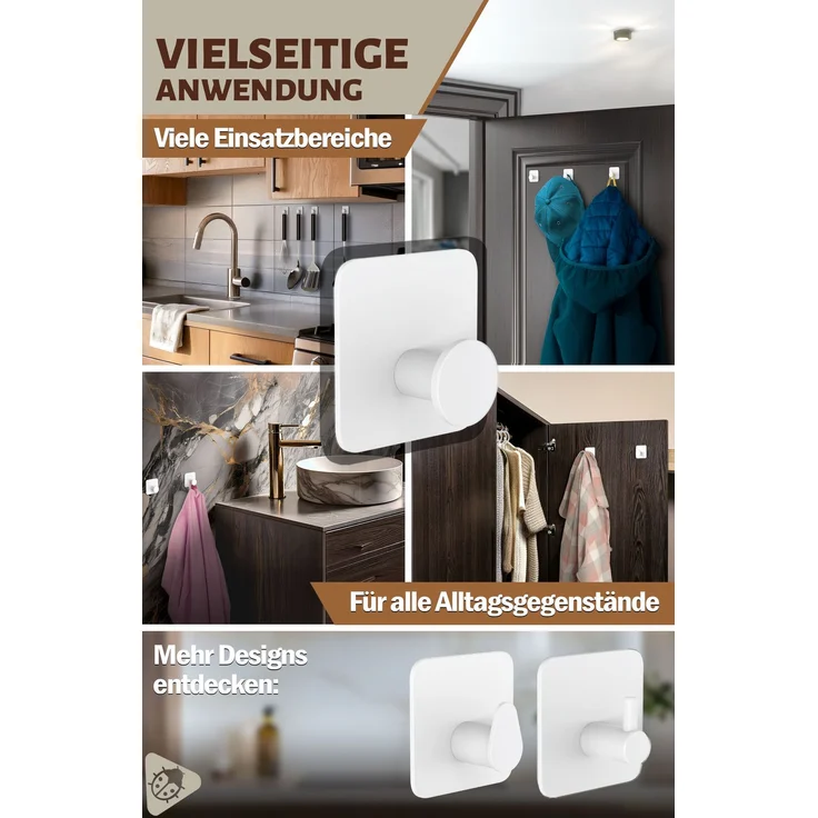 Lindenstein Wandhaken 6er-Set Weiß – Edelstahl V2A, 3M-Pads, ohne Bohren – Bild 6