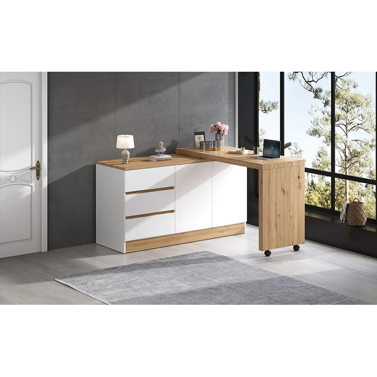 ZUBALIYA Schreibtisch mit feststellbaren Rollen – multifunktionales Design, 4 cm dickere, drehbare Tischplatte, fest arretierbar, weiß/Eiche, Faltbarer Schreibtisch, Eckschreibtisch, Sideboard,Dicke Materialie – Bild 23