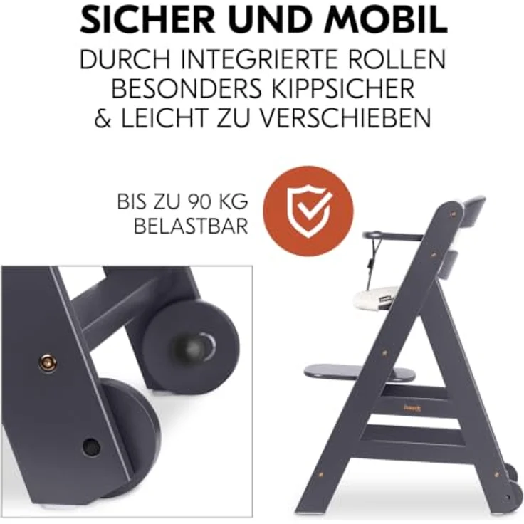 hauck Beta+ Hochstuhl Newborn Set mit Deluxe Bouncer - Dark Grey | Mitwachsender Holz Kinderhochstuhl mit Rollen ab Geburt bis 90 kg | inkl. Neugeborenenaufsatz, Essbrett & Sitzkissen – Bild 5