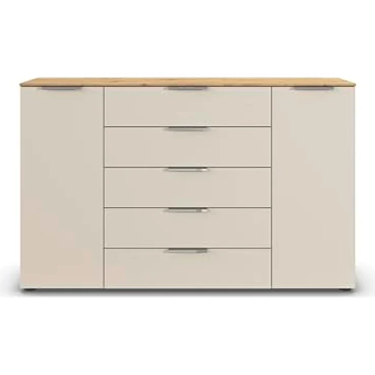 Rauch Möbel Flipp, Kommode für Schlafzimmer, Kinderzimmer, Wohnzimmer, Jugendzimmer, Flur, Garderobe, 2-türig, 5 Schubladen, mit Softclose-Funktion, Farbe Eiche Artisan, Holz/Beige, Breite 160 cm – Bild 6