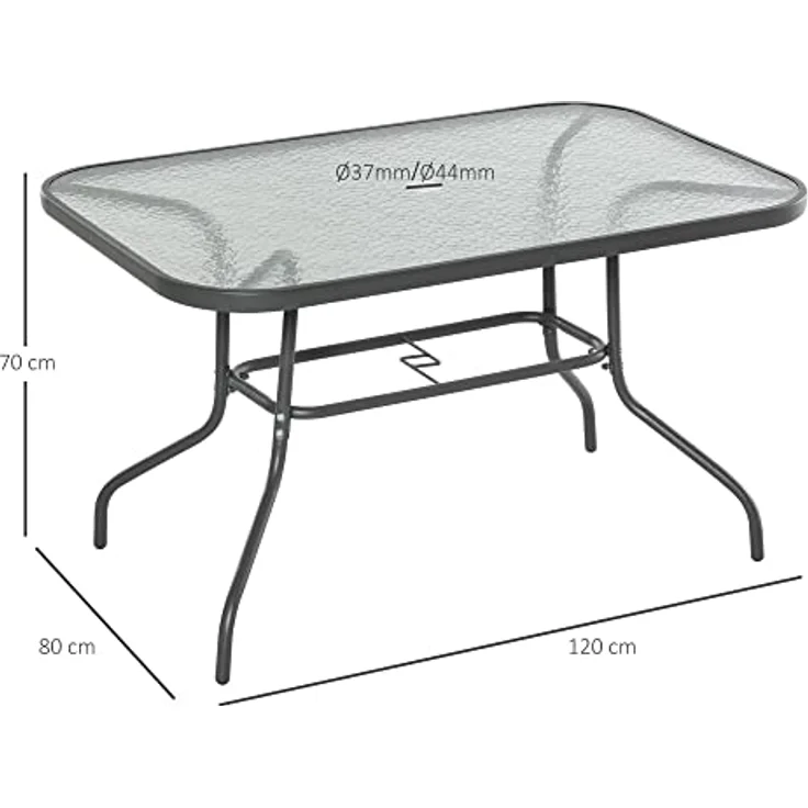 Outsunny Gartentisch, Grau, Metall mit gehärteter Glasplatte, 120x80x70 cm, inkl. Schirmöffnung – Bild 3