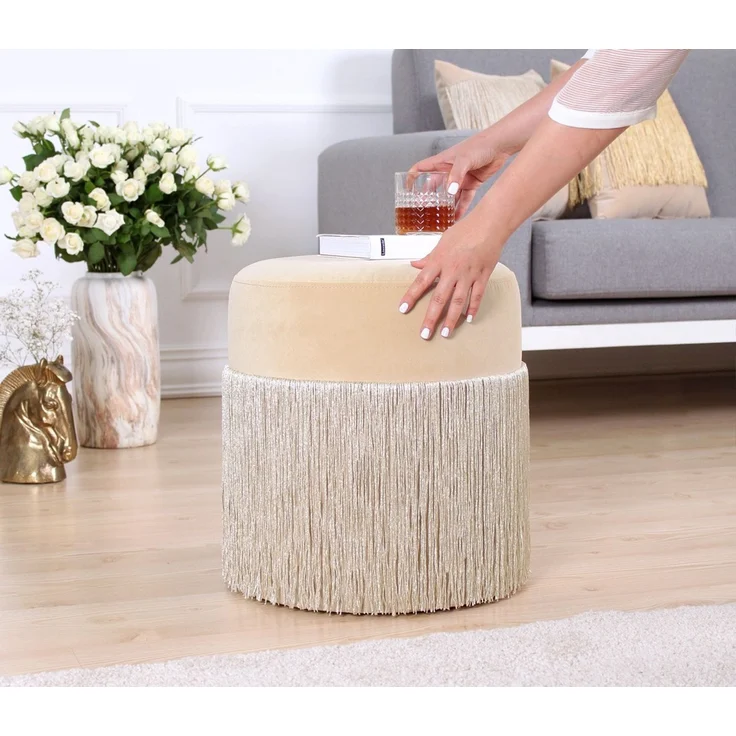 Atelier Del Sofa Modern Velvet Pouffe, Cream Color, 40 cm Height x 45 cm Depth | 100% Velvet, 6 cm Orthopedic Sponge, PVC Coated Hidden Legs, 150 kg Capacity – Bild 3