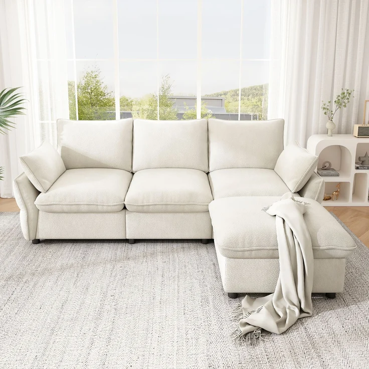Merax 222cm Ecksofa mit Ottomane (inkl. 1 Hocker), 3-Sitzer Sofa aus Chenille, Beige – Bild 3