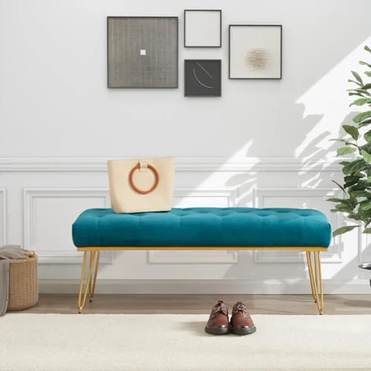 Shally Dogan Sitzbank aus Stoff, Ottomane mit hochdichter Polsterung, Mehrzweck-Eingangsbereich, ideal für Schlafzimmer, Wohnzimmer, Blau – Bild 3