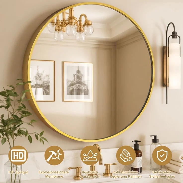 Home Nature Wohnkonzept Wandspiegel Gold, Rund, hochauflösender Schminkspiegel für Badezimmer & Schlafzimmer, Aluminium, 40 cm – Bild 4