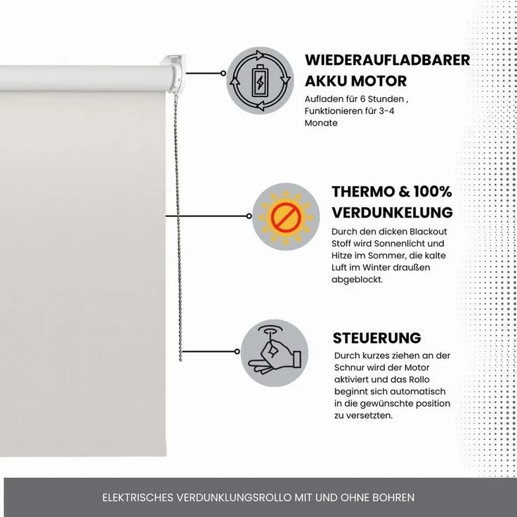 Elektrisches Rollo Verdunklungsrollo mit Zugmotor aufladbarer Motor, Plisseeonline, verdunkelnd, Fensterrahmen Montage ohne Bohren und Wand-, oder Deckenmontage möglich, freihängend, Klemmfix Fenster,- Decken oder Wandmontage, Weiß, Grau