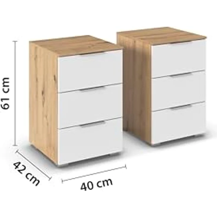 Rauch Möbel Alabama, Nachttisch-Paar für Schlafzimmer, Kinderzimmer, Gästezimmer, mit je 3 Schubladen, Soft-Close-Funktion, Farbe Weiß/Eiche Artisan, Holz, Griff Alufarben, Maße 40x61x42cm – Bild 3