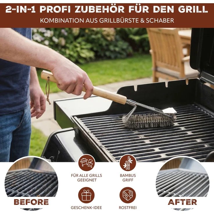 eluno Grillbürste, Edelstahl mit Bambusgriff, ca. 7 x 40 cm (B/H) – Bild 2