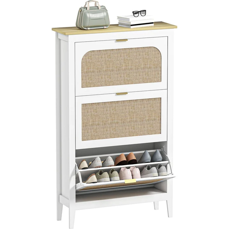 Schuhschrank für 21 Paar Schuhe im Boho-Stil mit 3 Klappschubladen, Türen in Rattan-Optik, 80 x 24 x 131 cm, weiß – Bild 1