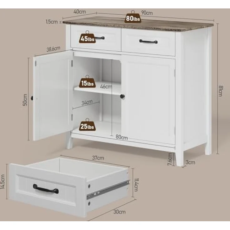 Bealife Küchen-Sideboard, Buffet-Schrank mit 2 Schubladen und 2 Türen, Küchenschrank mit Arbeitsplatte für Wohnzimmer, Esszimmer und Küche – Bild 4