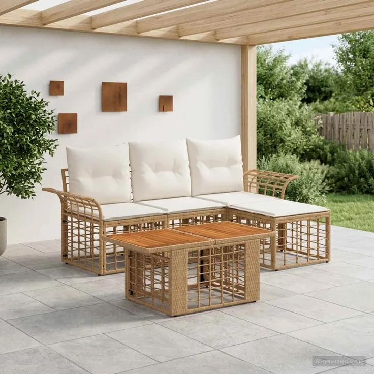 vidaXL Gartensofa-set 5 stk. Natürlich und Cremweiß Poly-Rattan 3437972