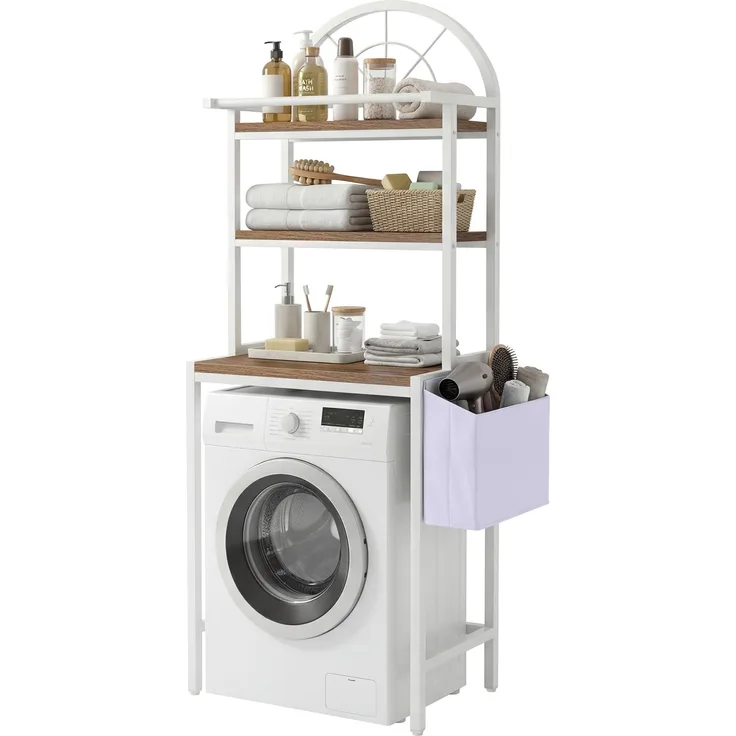 YITAHOME Regal für über der Waschmaschine, Regal für über der Toilette mit 3 Ablagen, Bogendesign, Materialmix aus Metall und Holz mit Einer Stoffaufbewahrungstasche, 64.5 x 190 x 40 cm, Weiß