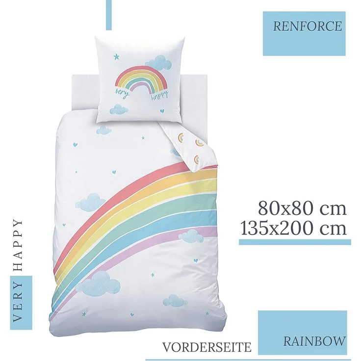 MTOnlinehandel Bettwäsche Regenbogen 135x200 + 80x80 cm, 100 % Baumwolle, Renforcé, 2 teilig, Happy Rainbow Kinderbettwäsche mit Wolken, Herzen & Sternen – Bild 2
